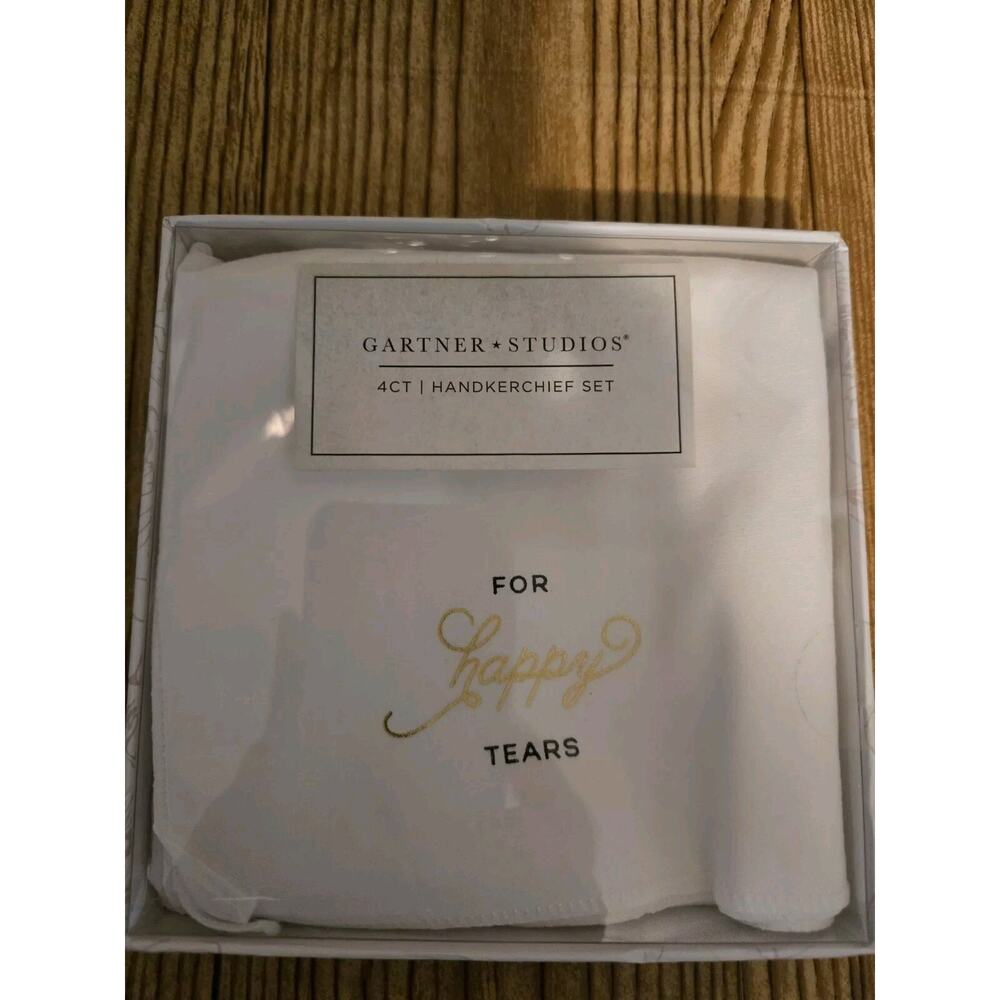 Gartner Studios For Happy Tears 4 CT Handkerchief Set with Gold Lettering NEW